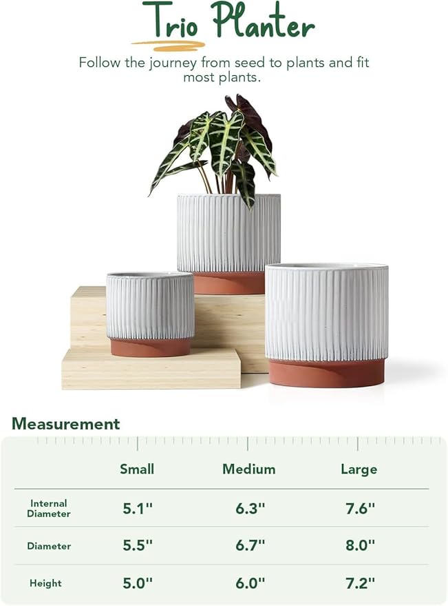 LE TAUCI Ceramic Plant Pots with Drainage Holes, Set of 3, 8+6.7+5.5 Inch Stripe Garden Planter Pots for Outdoor Indoor Plants Flower, Round Succulent Orchid Flower Pot, Reactive Glaze White