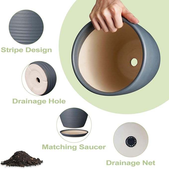 8 Inch Ceramic Plant Pot Large Planter Pot for Plants Indoor Outdoor Glaze Flower Pot with Drainage Hole and Saucer Gray