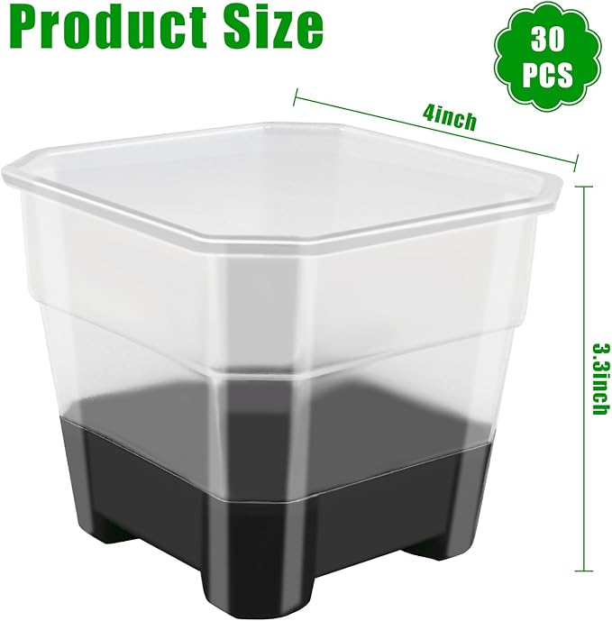 30 Packs 4 Inch Reinforced Clear Nursery Pots for Plants, Plastic Plant Pots with Silicone Base for Easy Transplant, Reusable Seedling Planting Pots Seed Starter with Drainage Holes (30, Black)