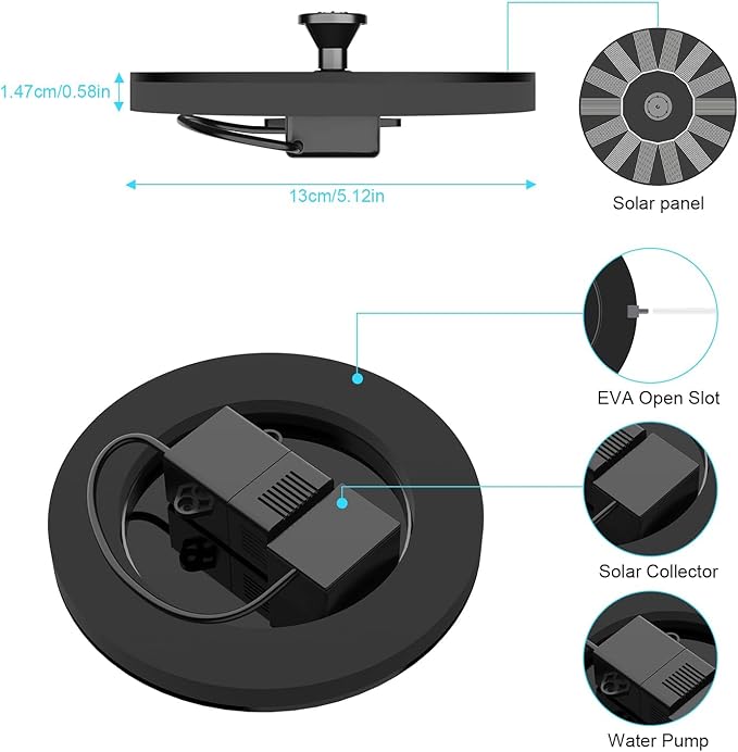 Solar Fountains,Solar Water Fountain,Solar Powered Bird Bath Fountain with 6 Nozzles - Free Standing Floating Solar Water Fountain for Bird Bath, Garden, Pond, Pool (Black-1W)