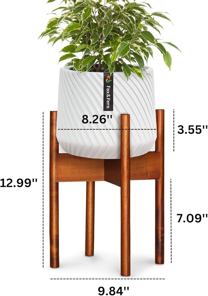 Fox & Fern Mid Century Plant Stand — 8 Inch Fixed Size Wooden Plant Stand for Indoor Planters; Raised Flower Pot Holder for Indoors; Plug In Design; Two Height Options; Easy to Assemble - Acacia
