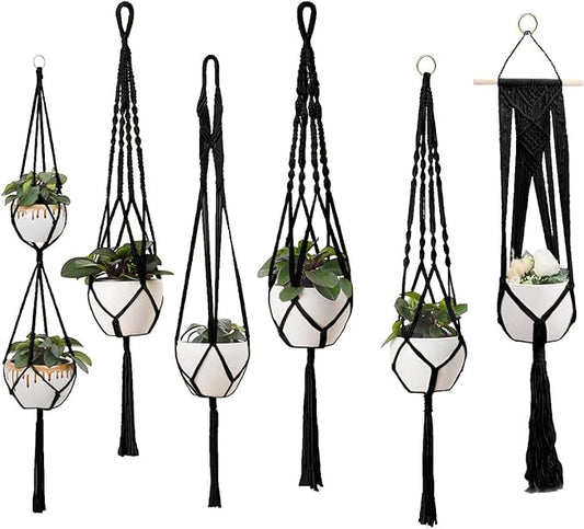 Macrame Plant Hangers - 6 Pack, Black, Indoor/Outdoor, Cotton