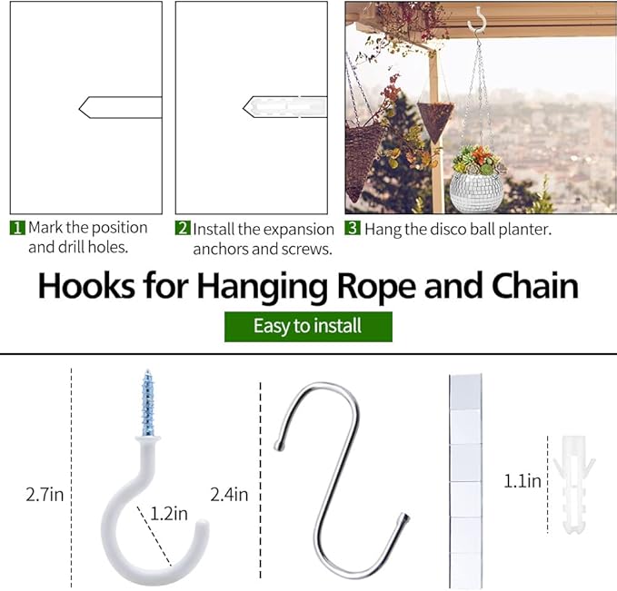 Disco Ball Planter, 8" Silver Disco Ball Planter, Disco Ball Plant Hanger with Hanging Rope, Hanging Chain, Hook, Circle and Extra Mirror Pieces (8" Silver, 1pcs)