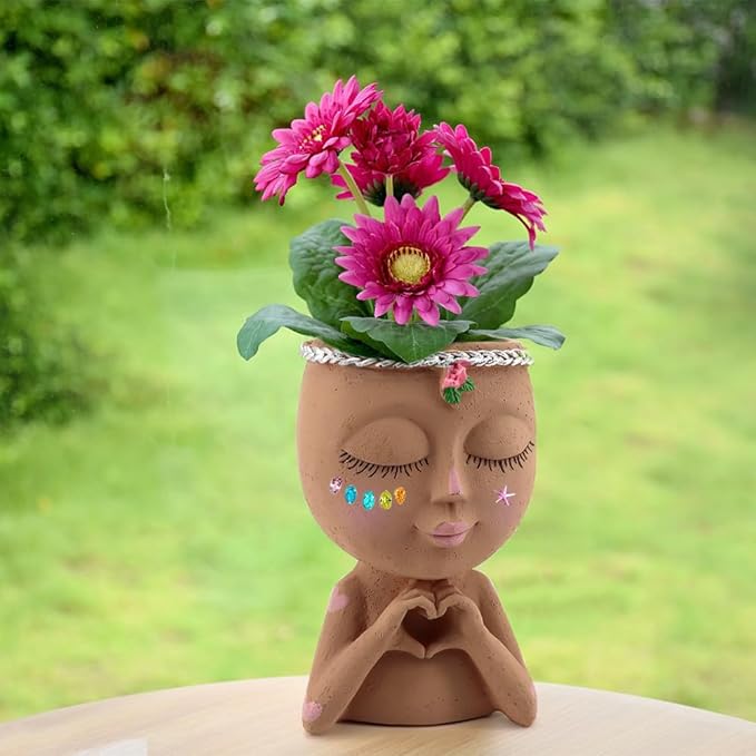 Meltset Face Planters Pots Head Unique Face Flower Pot Head Planter for Indoor Plants Cute Small Succulent Pots Indoor Plant Pot with Drainage (Brown)