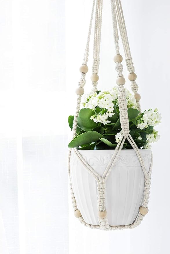 Mkono 3 Pack Macrame Plant Hangers Indoor Different Size Hanging Planter Basket Flower Pot Holder with Beads No Tasselss 43"/35"/29", Large, Ivory