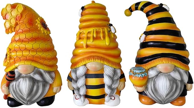 Spring & Summer-Themed Garden Statues – Adorable Outdoor Decor for Lawn, Patio & Porch (Buzzy Trio Set of Three Bumble Bee Gnome Figurines, 6" Tiered Tray Home or Garden Decoration)