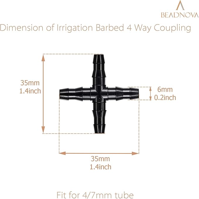 BEADNOVA Drip Irrigation Connectors 20 Pcs 1/4 Inch Barbed Connector 4 Way Couplings Irrigation Connectors for 1/4 Inch Drip Tubing Water Tubing Gardening Irrigation Supplies (20pcs)