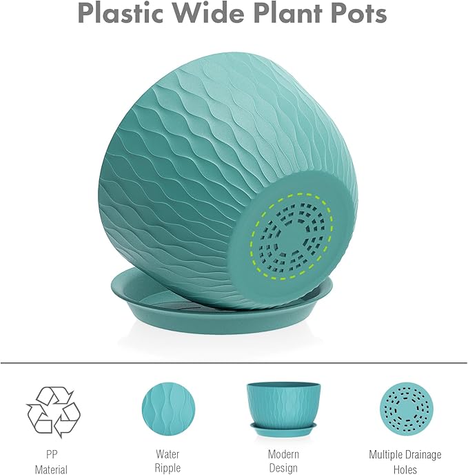 Large Plant Pots 12/10/9 inch, 3 Pack Big Flower Pots for Outdoor Indoor Plants with Water Ripples, Wide Plastic Planters with Drainage Holes and Saucers for Garden Home Decor, Blue Green