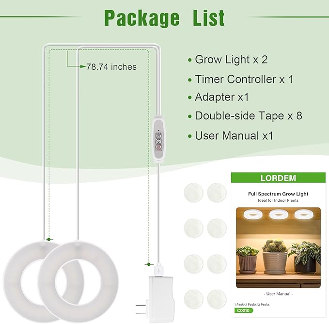 LORDEM Ceiling Grow Light for Indoor Plants, 96 LEDs Full Spectrum LED Plant Light, 5V Plant Lamp with 4/8/12H Auto Switch, 4 Dimmable Brightness Levels, Ideal for Small Plants, Dual Head, Corded