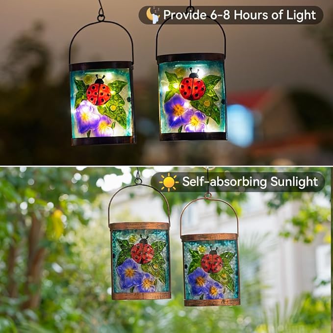 Starsoul 2 Pack Hanging Solar Lantern Outdoor Waterproof Glass Ladybug and Flowers Decorative Solar Lights for Outside Garden Yard Table Patio Decor