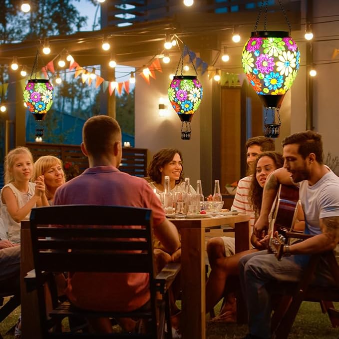 Starsoul Mosaic Flowers Hot Air Balloon Solar Lantern Glass Outdoor Hanging Hot Air Balloon Solar Flickering Flame Light Waterproof Garden Patio Yard Party Decorations