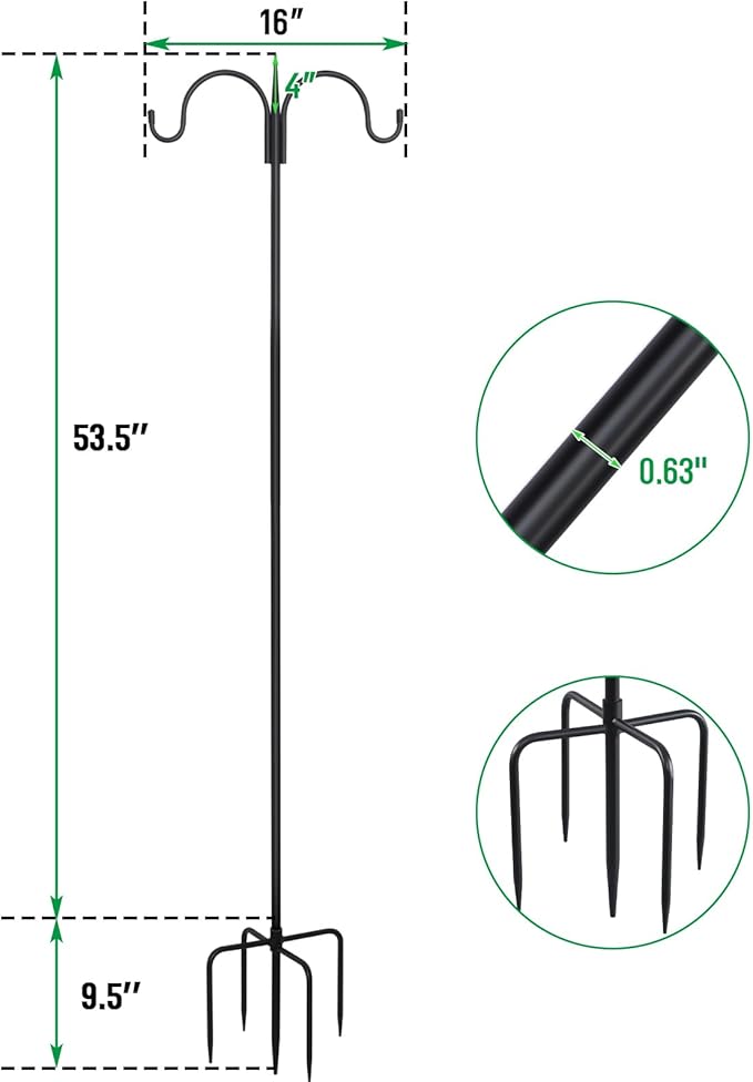 FEED GARDEN Adjustable Double Shepherds Hook for Outdoor with 5 Prong Base 63 Inch Heavy Duty Two Sided Bird Feeder Pole for Hanging Plant Baskets, Solar Light Lanterns, Wind Chimes