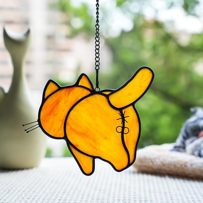 Orange Cat Decor Stained Glass Suncatcher for Window,Funny Cat Gifts for Cat Lovers Stained Glass Window Hanging,Cat Themed Gifts Cat Lovers Gifts for Women Girls Friends Mom