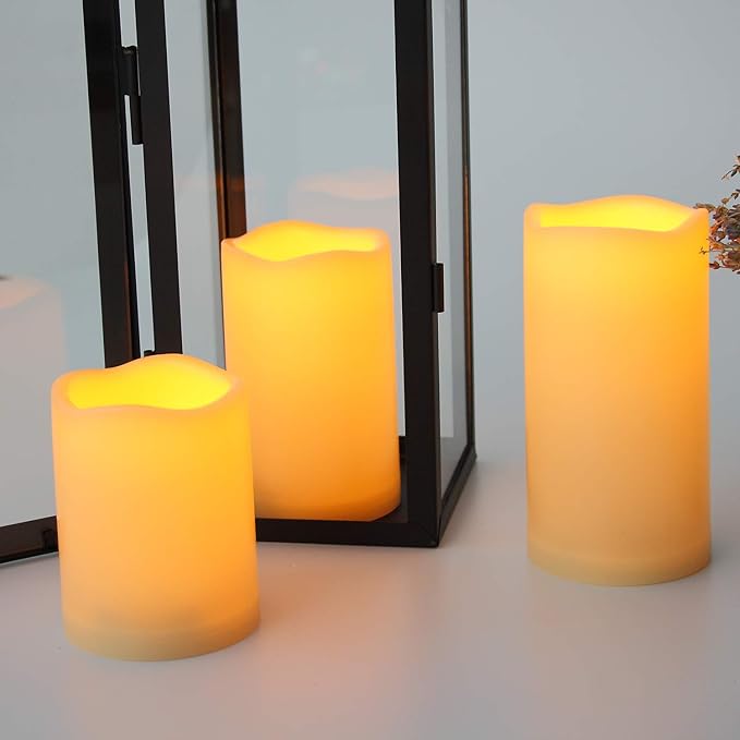 CANDLE CHOICE Waterproof Outdoor Battery Operated Flameless Candles with Remote Timer Plastic Realistic Flickering Fake Electric LED Pillars for Lantern Garden Wedding Christmas Decorations 3 Pack