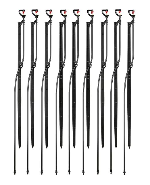 Drip Irrigation Micro Spray Emitter on 20 inch Stake with 1/4" Tubing and Barbed Coupler 180° Half Circle Pattern, 8.5’ Spraying Distance