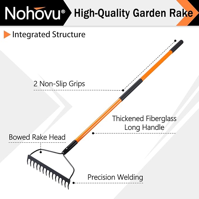 Garden Rake for Gardening, 14 Tines Garden Rake with Thick Fiberglass Handle, Heavy Duty Garden Rake for Lawns, 58 Inches