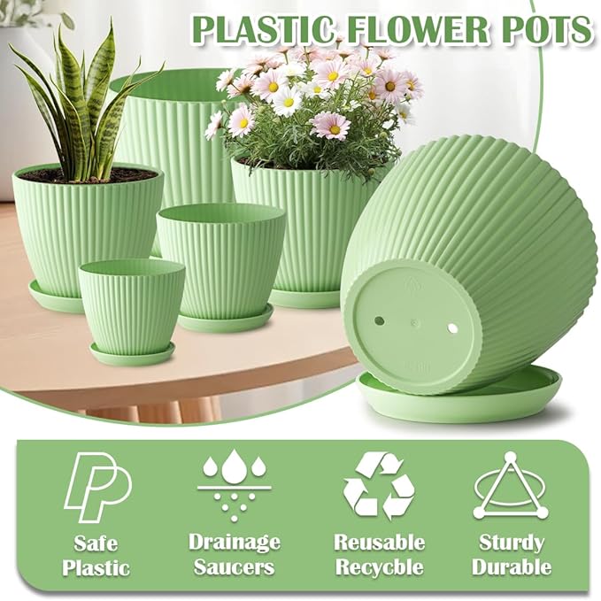 Plant Pots with Drainage Holes and Tray Saucer 7.5/6.5/5.5/4.9/4.2/3.5 Inches Flower Pots - 6 Pack Thick and Sturdy Planters for Indoor Plants Such As Orchid, Succulent and Herbs, Green