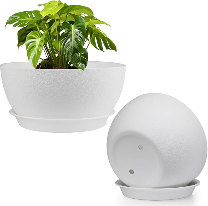 13 inch Plant Pots Pack of 2, Plastic Planter with Drainage Holes and Saucers, Plant pots for Indoor Outdoor Use, Flower Pots for All House Plants (White)
