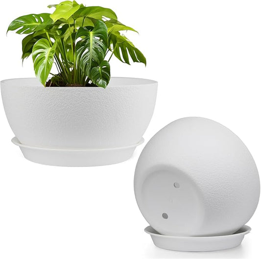 13 inch Plant Pots Pack of 2, Plastic Planter with Drainage Holes and Saucers, Plant pots for Indoor Outdoor Use, Flower Pots for All House Plants (White)