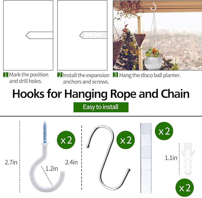 Disco Ball Planter, 2pcs 4" Silver Disco Ball Planter, Disco Ball Plant Hanger with Hanging Rope, Hanging Chain, Hook, Circle and Extra Mirror Pieces (4" Silver, 2pcs)