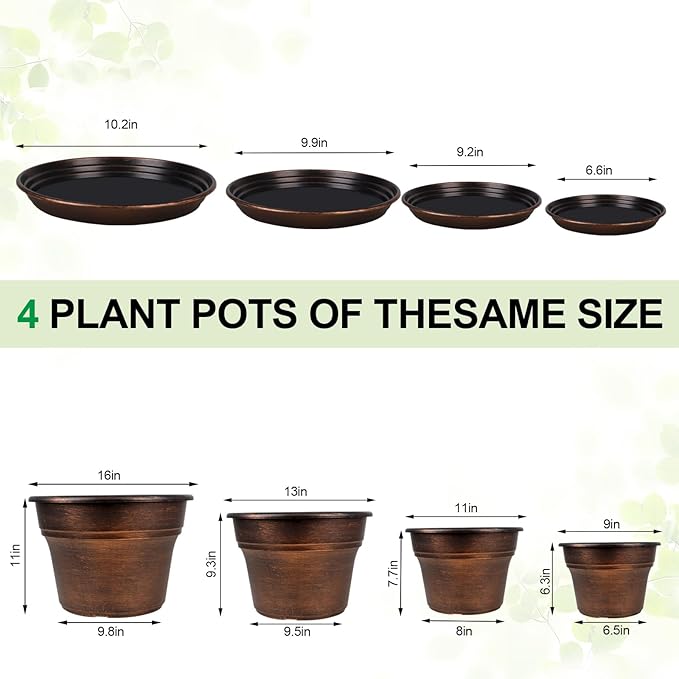 Plant Planters Pots Set of 4 Pack 9 Inch, Plastic Flower Pot for Indoor Plants with Drainage Holes & Trays, Resin Decorative Container Sets with Saucer for House Outdoor Garden Planters Copper