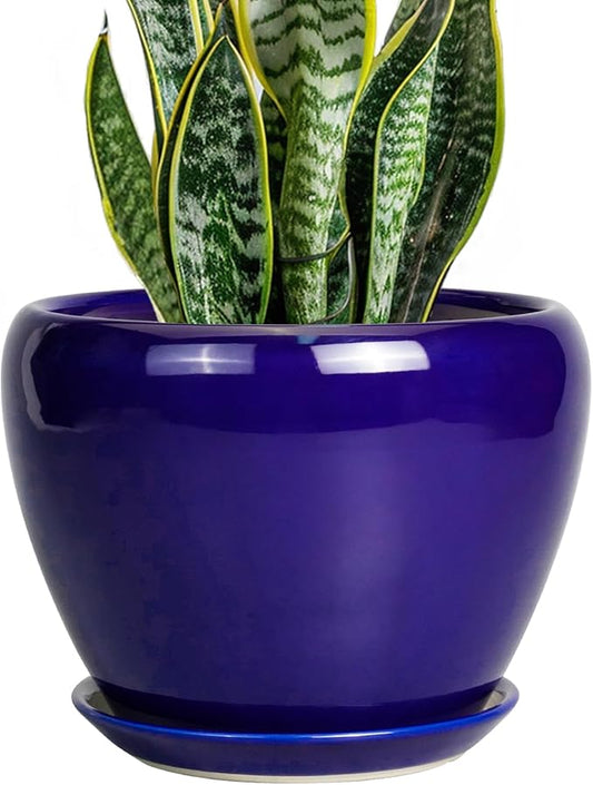 Ceramic Plant Pot 8 Inch - Planter for Outdoor Plants Indoor Plant Pot with Drainage Hole and Saucer Decorative Round Planter Modern Flower Pot for House Decor Blue