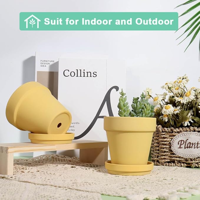 vensovo 4 Inch Small Yellow Terracotta Plant Pots with Saucer - 6 Pack Clay Flowerpots with Drainage, Great for Indoor Outdoor Plants, Crafts, Wedding Favor