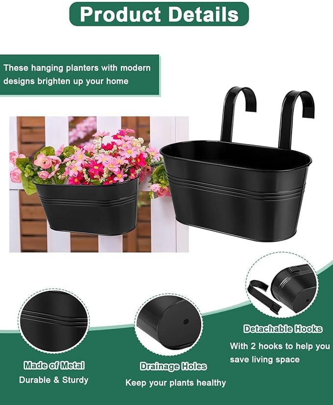 vensovo Metal Railing Planter for Outdoor Plants - 5 Pack Balcony Hanging Flower Pots with Detachable Hooks and Drain Holes Oval Bucket Rail Box Fence Planters for Home Garden Decor, Black