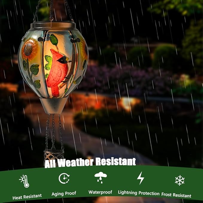 Hot Air Balloon Solar Lantern - Cardinal Bird Glass Lantern with Simulated Flickering Flame, Outdoor Hanging Yard Light Waterproof IP65 & Weather Resistant for Garden Patio Lawn Porch Decor Gfit