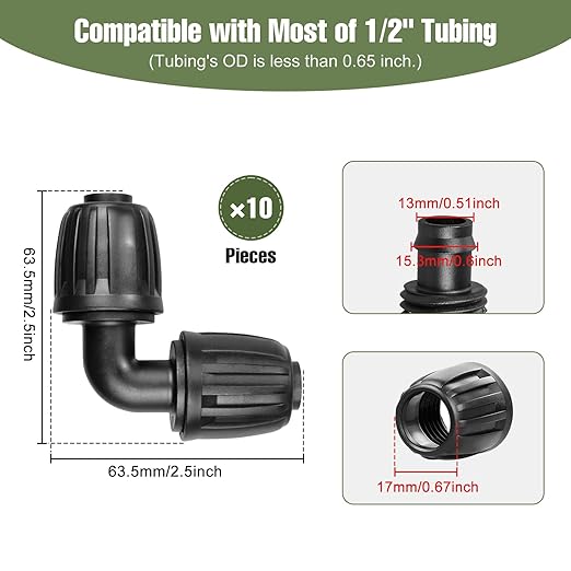 10 Pack 1/2 Inch Drip Irrigation Fittings Elbow Connectors for 1/2 Inch Drip Irrigation Tubing (1/2" ID x 0.60"-0.65" OD), Anti-Leak 1/2" Drip Line Barbed Connector for Most 1/2" Tubing