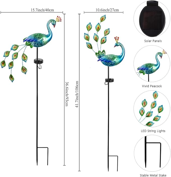 VEWOGARDEN 2 Pack Solar Stake Lights Outdoor Waterproof Metal Peacock Solar Lights for Yard Garden Patio Pathway Walkway, Blue
