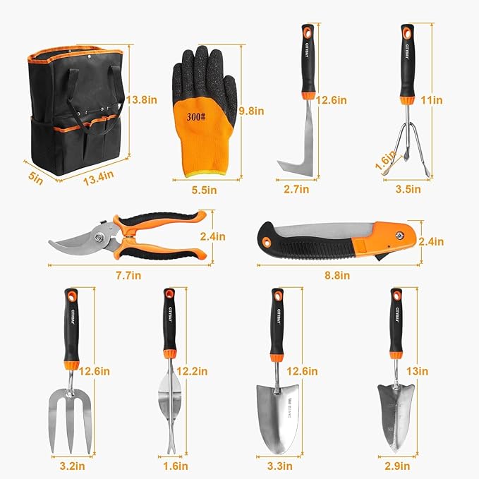 Garden Tools Set, 10 Pcs Stainless Steel Heavy Duty Gardening Tools Set with Folding Saw, Garden Hand Tools Starter Kit, Landscaping Tools, Gardening Tools Gift Sets for Women and Men