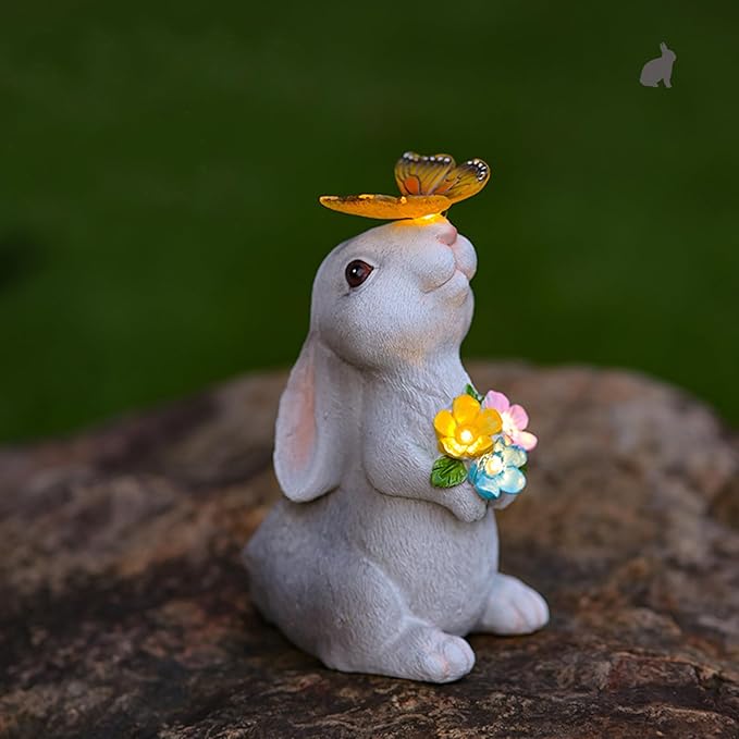 Solar Rabbit Outdoor Statues Garden Decor with Butterfly LED Lights Bunny Statue Easter Decor for Patio Balcony Yard Lawn Ornament, Birthday Mother Day Gardening Gifts for Mom Grandma Women
