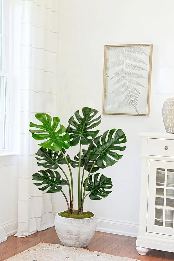 Hollyone Artificial Monstera Deliciosa Plant 3FT Tall Fake Tropical Palm Plants Trees Faux Monstera Indoor Swiss Cheese Plants for Indoor Outdoor Home Office Garden Living Room Decoration, 1 Pack