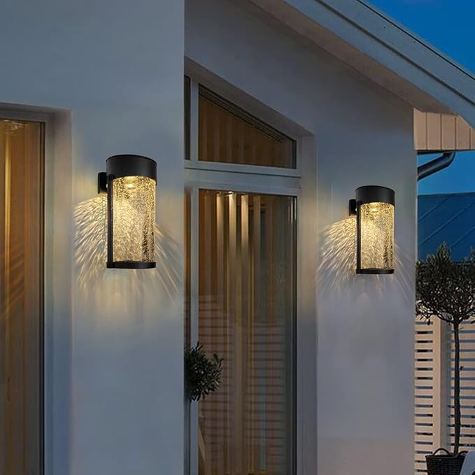 Solar Outdoor Wall Lights Fixture Set of 2 Porch Lights Crackled Glass Diffuser with Warm White LED
