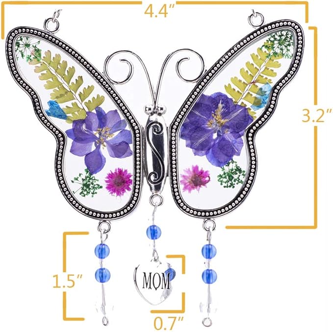 Laraine Butterfly Suncatcher with Pressed Colourful Flower Wings Mom Mother's Day Butterfly Glass Wind Chime Ornament Charm with Metal Heart Gifts for Mom Grandma Birthday (Purple Mom)