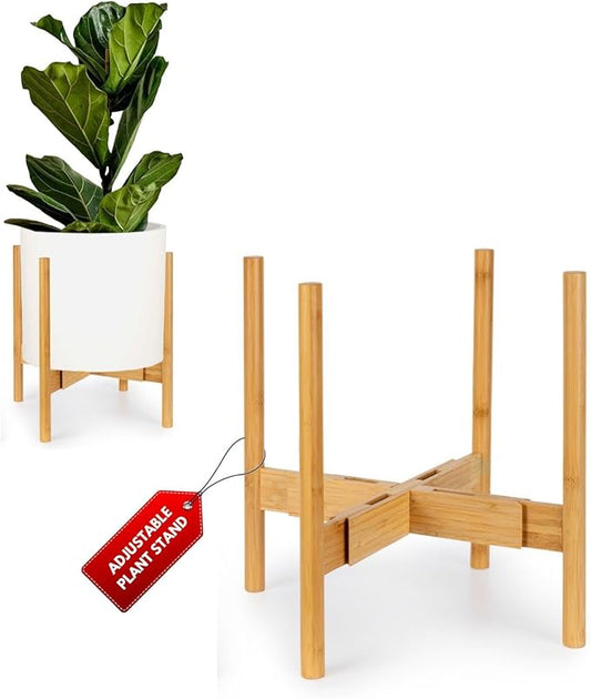 Fox & Fern Large Adjustable Plant Stand Indoor — 11 to 15 Inch Mid Century Bamboo Plant Stand; Plug In Design; Easy to Assemble; Two Height Options - For 11, 12, 13, 14 & 15 Inch Pots (Not Included)