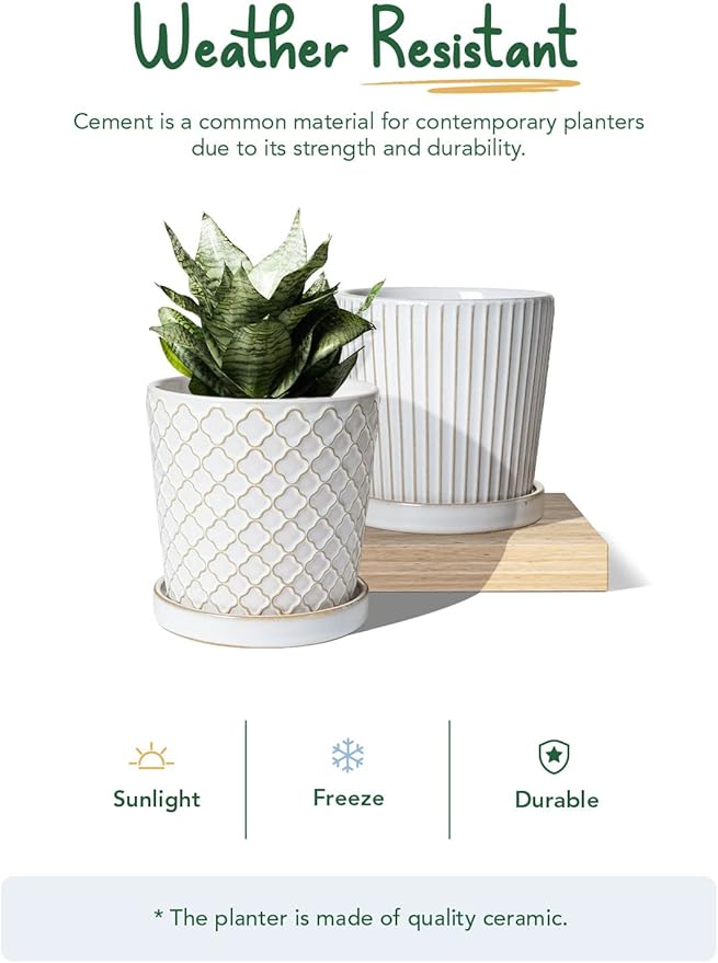 LE TAUCI Ceramic Plant Pots, 5.4 Inch Pots for Indoor Plants, Planters with Drainage Hole and Saucer, Flower Pots for Succulent, Snake Plants and Cactus, Set of 2, Reactive Glaze White