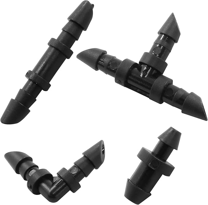1/4 Inch Drip Irrigation Fittings Kit for 1/4 Inch Drip Tubing, 150 Pcs Drip Irrigation Parts for 65 Couplings, 50 Tees, 20 Elbows, 15 Goof Plugs for Drip or Sprinkler Systems(Black)