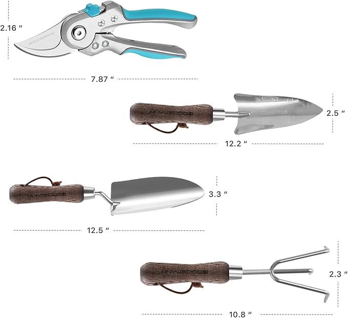 GOODSMANN Heavy Duty Garden Tools Stainless Steel Gardening Tools Set of 4 Includes Flower Garden Shovel Hand Trowel Weeding Cultivator with Wooden Handle and Garden Pruning Shears for Women/Men