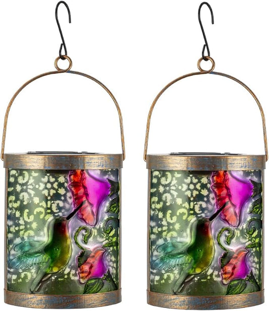 2 Pack Hummingbird Hanging Solar Lanterns Outdoor Waterproof, Tabletop Lamp Glass Solar Lantern for Patio Garden