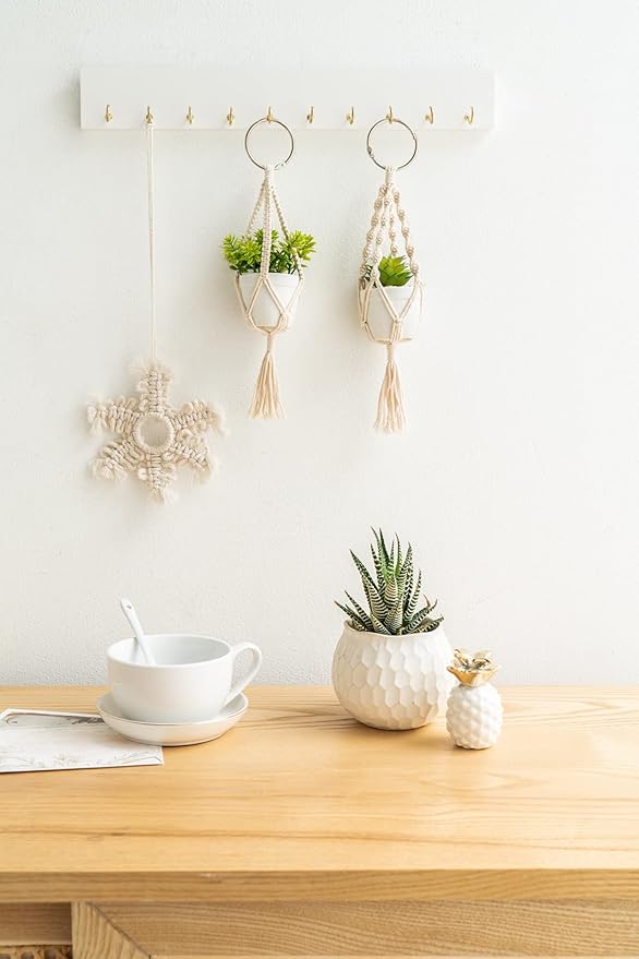 Mkono Mini Macrame Plant Car Accessories Rear View Mirrior Charm Cute Hanging Rearview Car Decor Boho Hanger with Artificial Succulent Plants Gifts for Plant Lover Set of 2, White