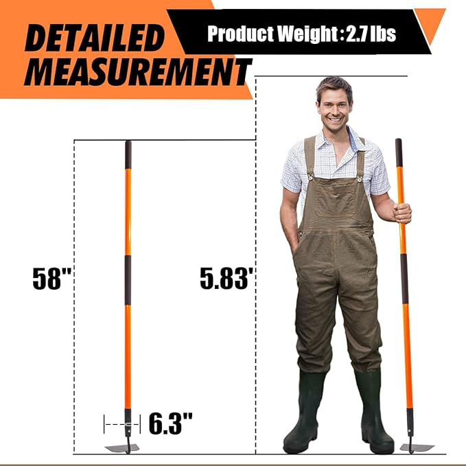 Garden Hoe Tool, 58 Inches Hoe Garden Tool with Fiberglass Long Handle, Heavy Duty Garden Hoe for Weeding