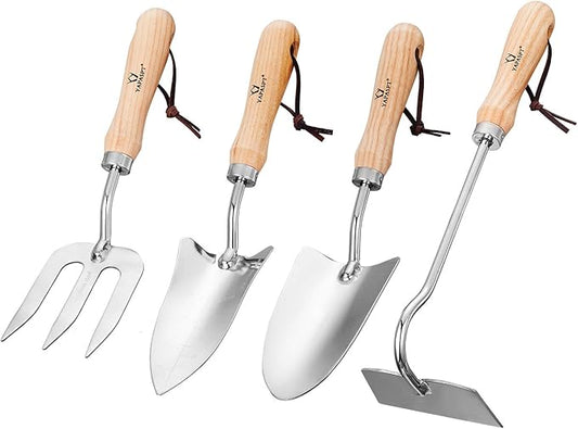 Gardening Tool Sets – Garden Hand Tools Kits with Wood Handle and Stainless Steel Head，Trowel, Hoe, Shear