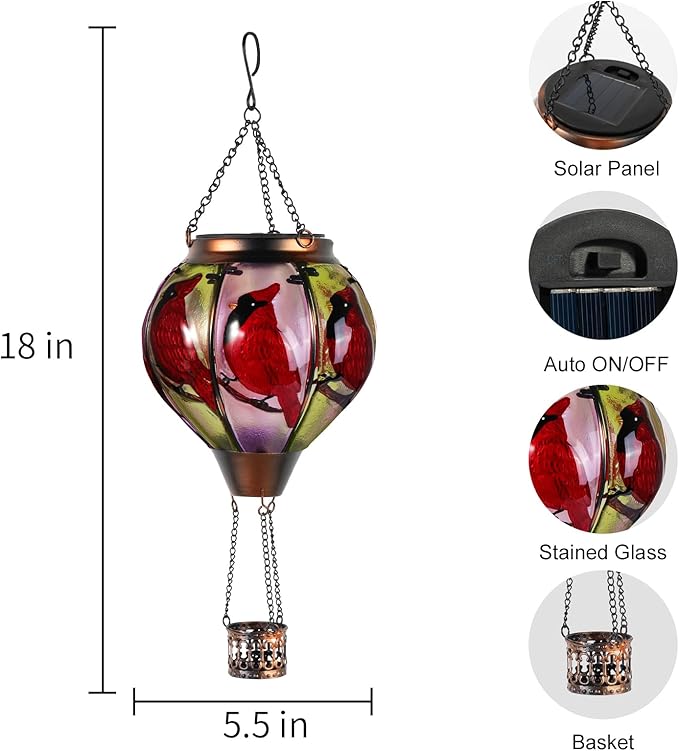 Cardinal Bird Hot Air Balloon Solar Lantern Lights, Solar Hot Air Balloon Flickering Flame Hanging Garden Light Candle LED Glass & Metal Outdoor Waterproof Lanterns Porch Yard Decor, Gift for Mom