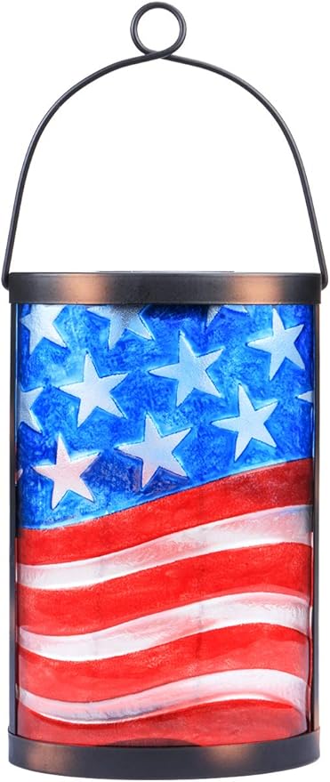 Hanging Solar Lantern Outdoor Decorative Waterproof LED Solar American Flag Lights Tabletop Lamp for Outdoor Patio Garden