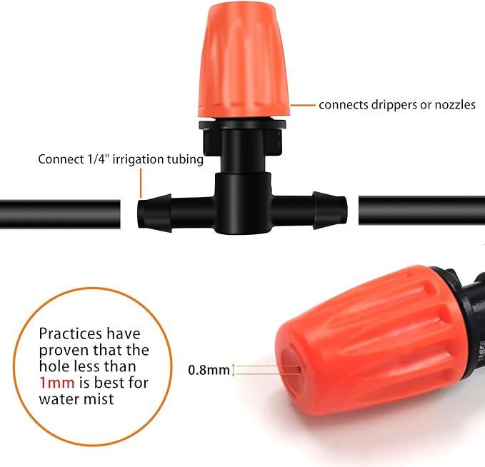 50pcs Micro Spray Adjustable Flow Irrigation Drippers, with 1/4" Barbed Tee Fittings, Adjustable Sprinkler drip Irrigation Head for Garden Watering System, Drip Irrigation Kit Parts