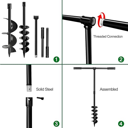 Heavy-Duty T-Shaped Hand Drill Auger Post Hole Digger with Non-Slip Handle - 4" & 6" x 38" Spiral Drill Bit for Planting Bulbs, Trees, Fences, Umbrella Holes in Garden & Soft Soil