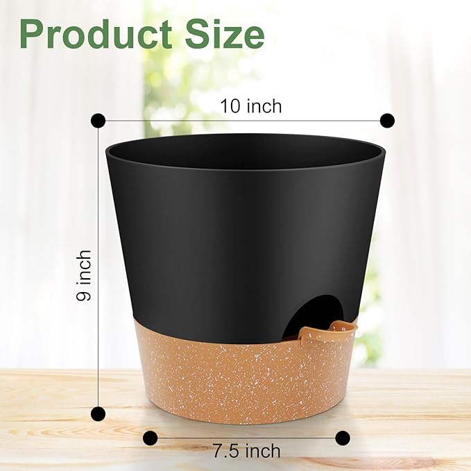 10-Inch Plant Pots, Self-Watering Planters with Drainage Holes & Saucers for Indoor and Outdoor Plants (2-Pack, Black)