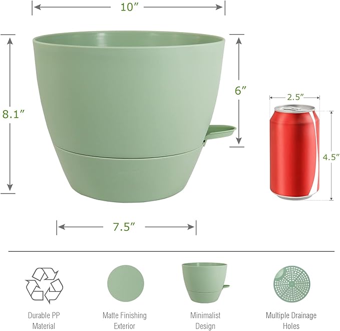 WOUSIWER 10 inch Self Watering Planters, 2 Pack Large Plastic Plant Pots with Deep Reservior and High Drainage Holes for Indoor Outdoor Plants and Flowers, Green